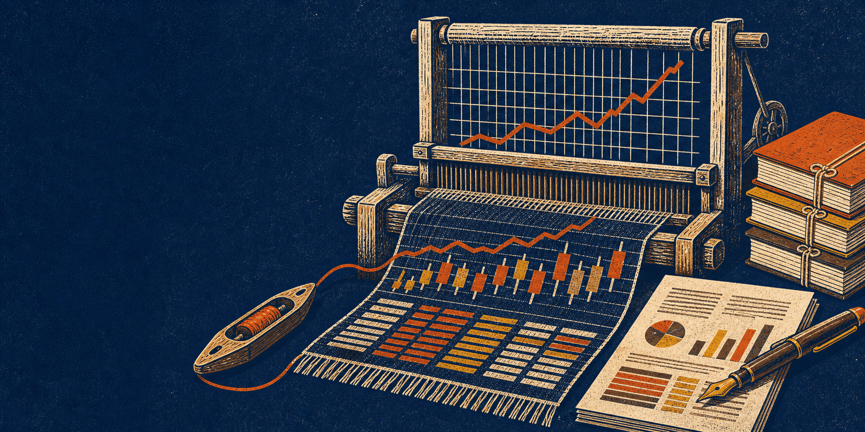 A weaving loom whose woven cloth becomes a rising line chart, candlestick bars, and a data table, beside a stack of filings and an analyst’s pen.