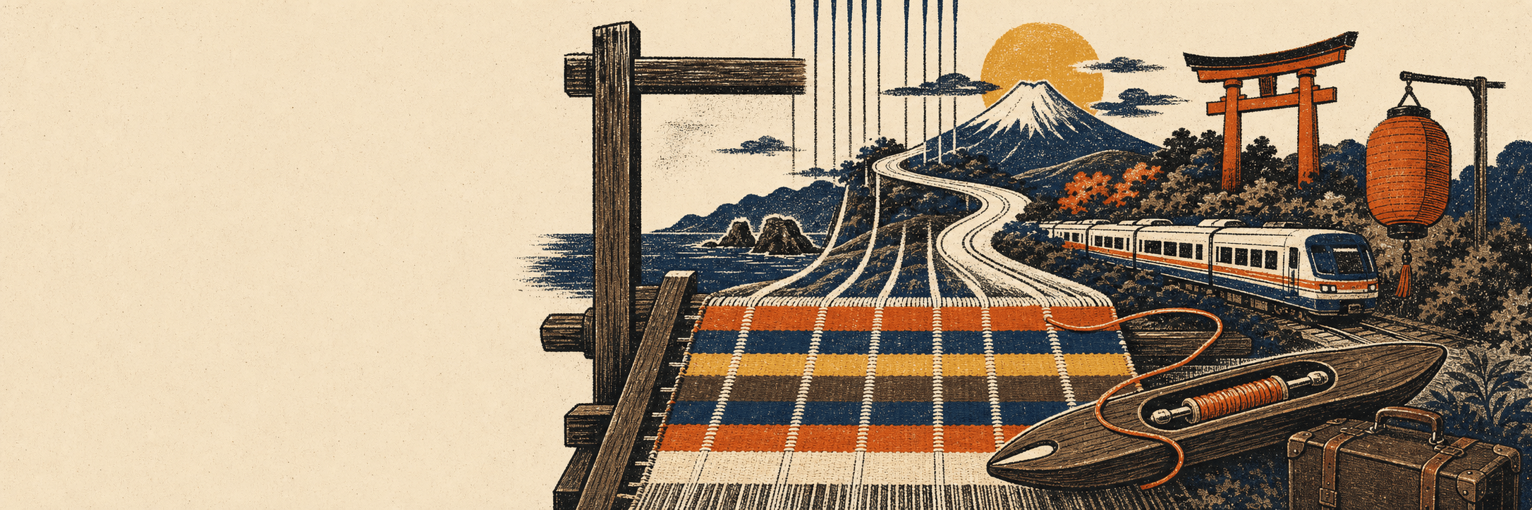 A weaving loom whose threads become a winding travel route — train, torii gate, mountain, and a week of days stitched into one journey.